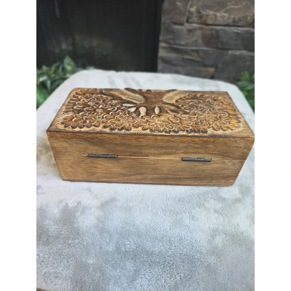 Hand Carved Hinged Wooden Box w/ Tree Design